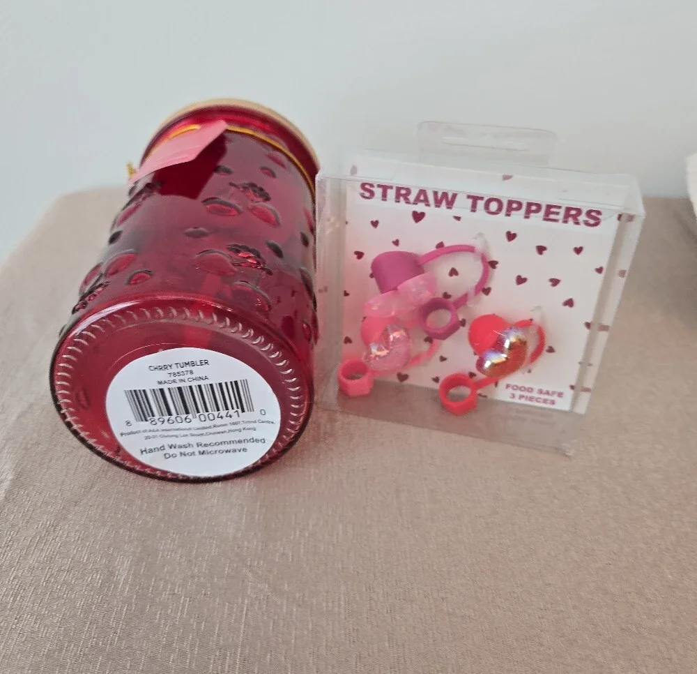 Cherry embossed Glass Tumbler with Bamboo Lid & 3‑Piece Straw Topper Set